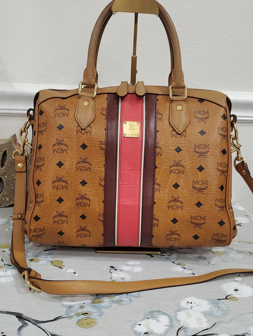 MCM Cognac Visetos Leather Stripe Doctor Satchel with Red Center
